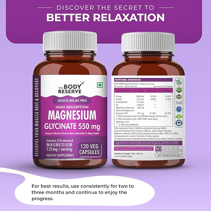 The Body Reserve Magnesium Glycinate Supplement 550mg Per Serving - 120 caps